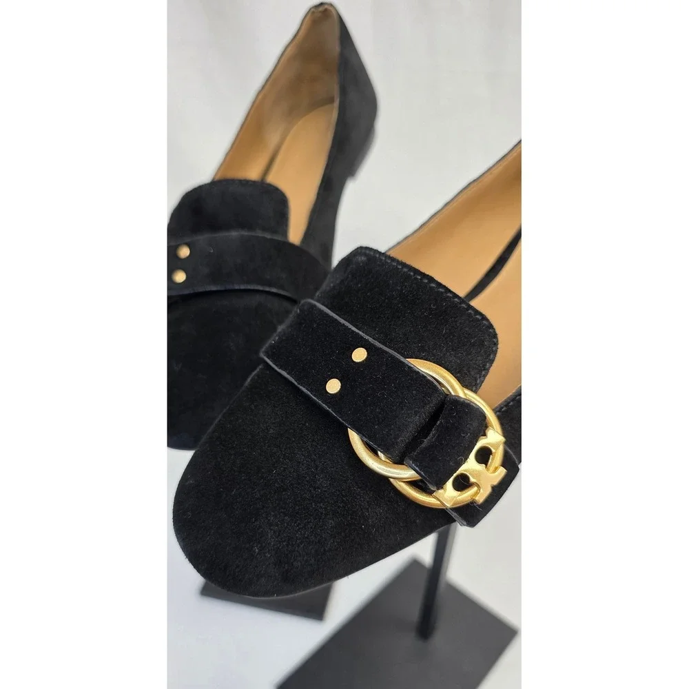 Tory Burch Black Suede Logo Buckle Ballet Flats Gold Hardware Size 7.5
